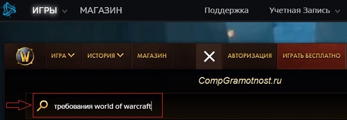 запрос "требования world of warcraft" внутри игры