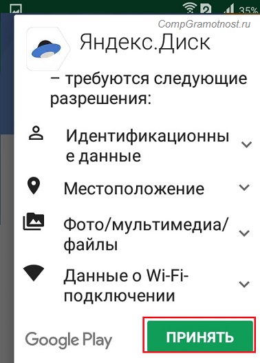 Разрешения для приложения Яндекс.Диск 