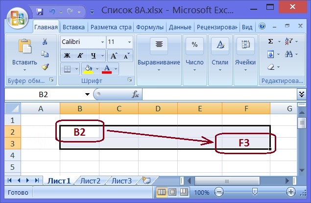 на листе Excel выделена область между ячейками B2 и F3