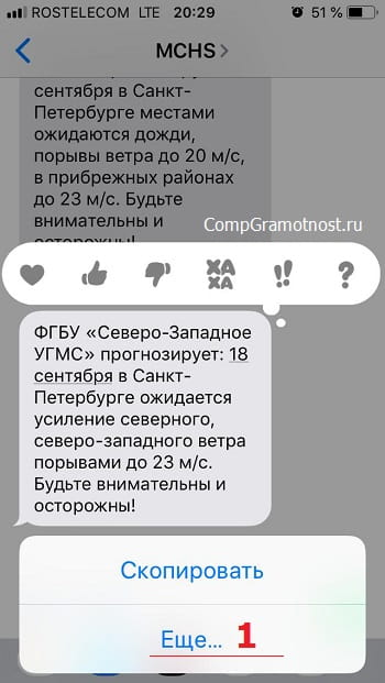контекстное меню iPhone для удаления выбранного SMS
