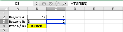 ввод функций ТИП в ячейки Excel
