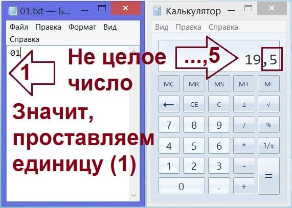 цифра 1 для дробного числа с десятичной точкой